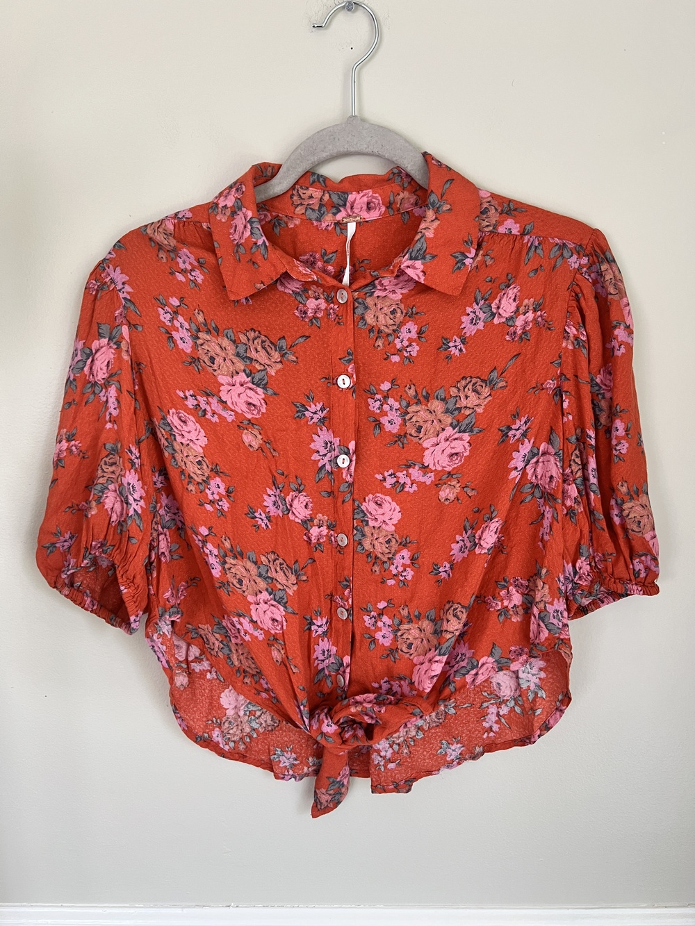 Free People Celia Floral Tie Front Blouse Women's Orange Pink Size XS Crop Top
